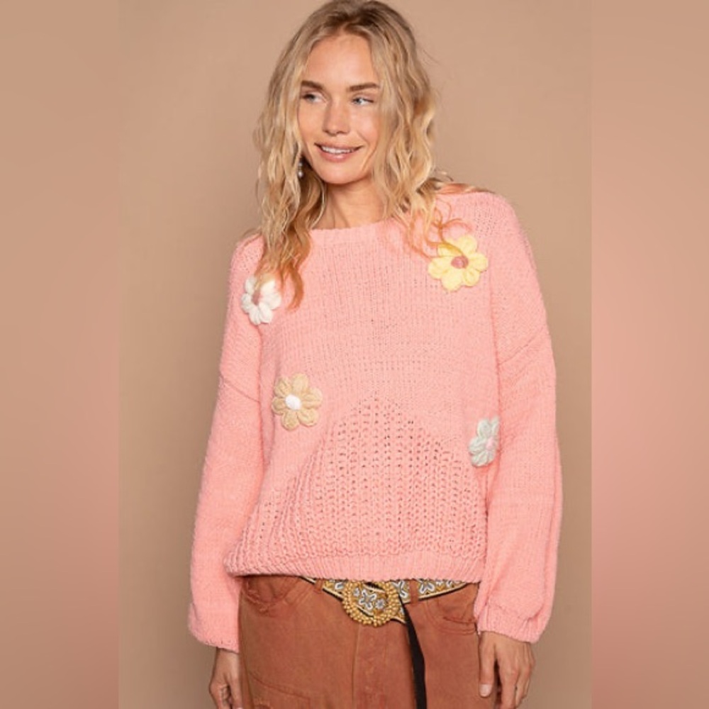$85 NWT POL Chenille Knit Sweater with Multi Colored Flower Appliques in Coral L